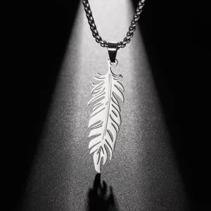 Stainless steel feather pendant necklace for men hip hop jewelry detailed closeup view