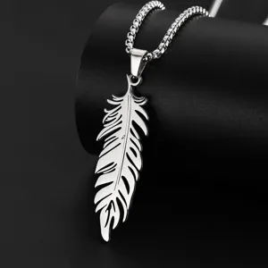 Hip Hop Stainless Steel Feather Pendant Necklace For Men Vintage Hollow Feather Streetwear Box Chain Jewelry Gift