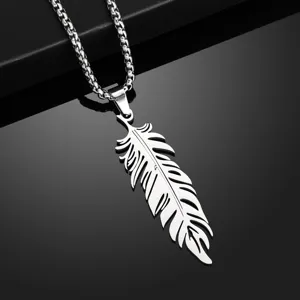 Stainless steel feather pendant necklace for men hip-hop style fashion statement jewelry chain