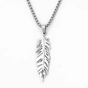 Stainless steel feather pendant necklace close-up detail view, stylish silver chain.