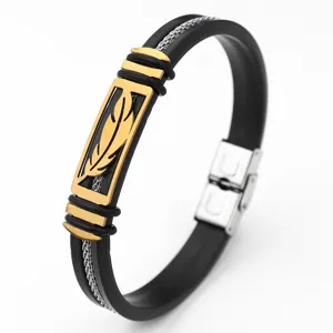 Heren zwarte siliconen roestvrijstalen armband met gouden veren plaat hiphop sieraden