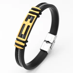 Heren roestvrij staal siliconen armband zwart goud hip hop mode sieraden detail