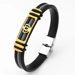 Heren zwart siliconen roestvrij staal armband mode geometrische metalen bedelarm