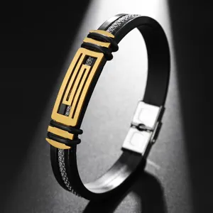 Heren roestvrij staal siliconen armband hip hop zwart goud geometrisch ontwerp