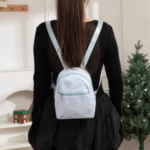 Women's Seersucker Casual Backpack Lightweight Striped Mini School Bookbag Daily Travel Daypack For Women