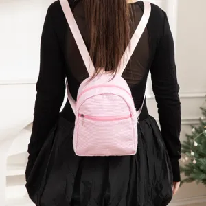 Pink seersucker mini backpack for women, stylish striped student daypack casual daily