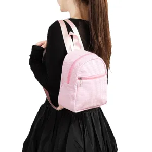 Pink seersucker mini backpack for women, cute striped casual student school bookbag daypack.