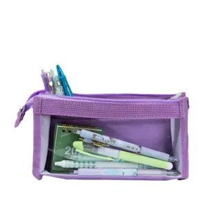 Large capacity purple pencil case with clear transparent window for school student stationery.
