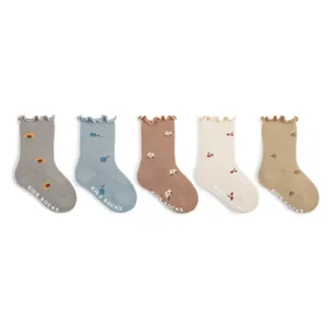 Cute infant baby toddler cotton non-slip ruffle socks floral pattern 5 pairs set
