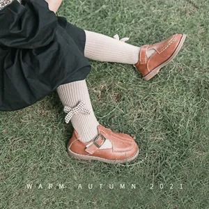 Chaussettes côtelées d'automne pour enfants avec nœuds à carreaux, collants en coton doux.