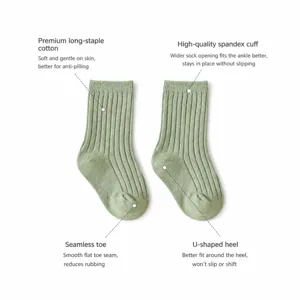 Infant ribbed cotton socks with comfortable seamless toe and elastic band for babies.