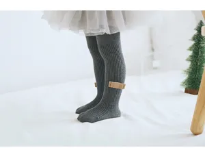 Toddler girls gray ribbed tights detail, cute bow accent, soft cotton warm baby leggings socks
