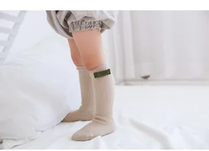 Chaussettes genou bambin joli nœud côtelé coton bébé bas beige printemps automne