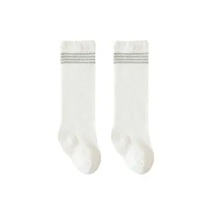 New summer baby long cotton socks with grey stripes, breathable anti-mosquito infant footwear.