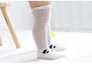 Breathable mesh baby over-the-knee socks with cute panda face, comfortable cotton summer wear.
