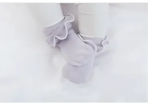 Gros plan détaillé de jolies chaussettes à volants pour bébé en lilas clair, coton doux.