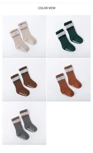Details of newborn infant baby combed cotton non-slip high tube stacking socks in multi colors.