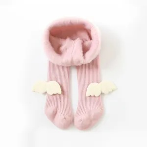 Kids Fleece Lined Thickened Tights Winter Warm Solid Color Leggings With Angel Wings Bowknot Baby Girls Pants