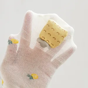 Infant summer mesh thin cotton long socks with 3D fruit doll design, cute baby over-the-knee socks.