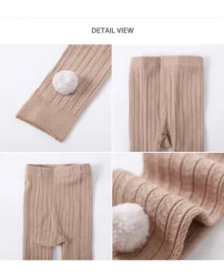 Collants côtelés pour bébé avec joli pompon blanc, leggings en coton doux pour enfants.