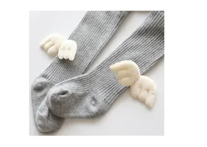 Cute grey knitted baby tights with 3D angel wings, soft combed cotton for autumn winter.