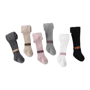 Cute baby girls ribbed tights set, soft cotton infant leggings with bow, autumn winter wear.