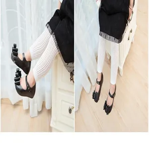 Detailed view of summer thin hollow mesh toddler girls cotton leggings, white 9-point tights.