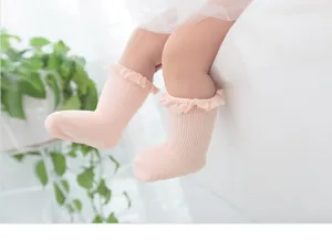 Cute βρεφικές ροζ κάλτσες με βολάν από βαμβάκι άνοιξη καλοκαίρι αντιολισθητικές λεπτομέρεια
