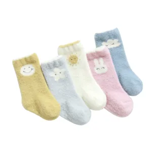 Lot de chaussettes bébé épaissies chaudes, jolis motifs de dessins animés, douces pour nouveau-né.