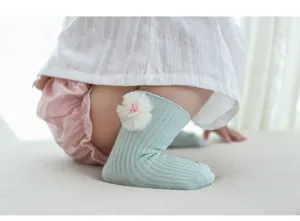 Infant ribbed socks detail view, featuring cute mesh flower decor, soft pastel mint green.