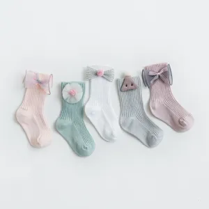 Newborn Baby Cotton Mid-Tube Socks Cute Bowknot Lace Solid Color Infant Socks For Toddler Boys And Girls Daily Wear