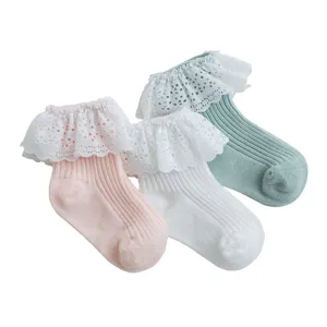 Bébé fille chaussettes à volants de dentelle coton côtelé mignon 3 paires ensemble