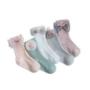 Cute infant baby toddler knee high socks set with bows and floral decorations for daily wear