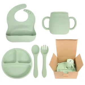Baby Silicone Feeding Tableware Set Divided Plate Bib Spoon Fork Cup Infant Weaning Food Supplementary Tableware