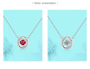 Detailansicht der S925 Sterlingsilber Halskette mit tanzendem Stein in Rot und Weiss.