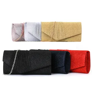Women's Glitter Evening Bag Pleated Envelope Clutch Purse With Metal Chain Strap Sparkly Wedding Party Handbag