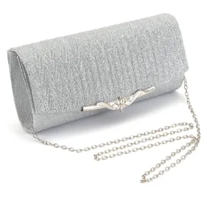 Silver glitter evening clutch bag with metal clasp and chain strap for party and wedding.