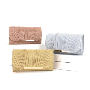 Pleated evening clutch bag with metallic chain strap, elegant women party shoulder handbag.