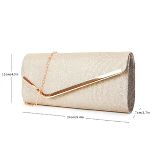 Sac de soirée élégant pour femme avec détail métallique en V et chaîne pour fête et mariage.
