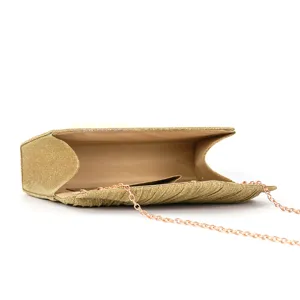 Detail view of gold glitter pleated evening clutch bag with chain strap for women party dresses.