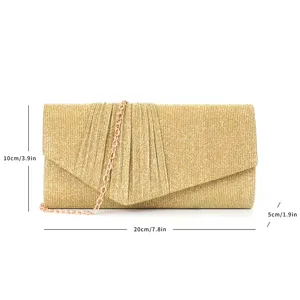 Gold glitter evening clutch bag for women, elegant pleated flap design with metal chain strap.