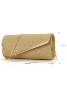 Elegant gold shimmer evening clutch bag with metallic flap accent and delicate chain strap.