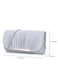 Detailed view of silver pleated evening clutch bag with metal chain and dimensions marked.