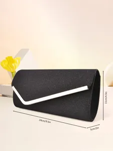 Exquise pochette de soirée pailletée noire avec bordure métallique en V, idéale.