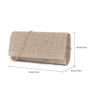 Glitter evening clutch bag with chain strap, stylish metallic pleated party handbag.