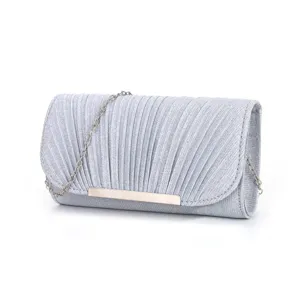 Pleated evening clutch bag detail view, silver crossbody handbag with metal chain and bar.