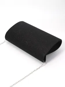 Black glitter evening clutch bag for women, elegant shoulder bag with silver chain strap for parties.