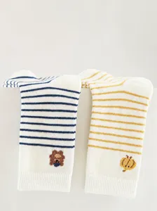 Newborn baby striped cotton knee high socks cute cartoon embroidery infant daily wear