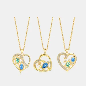 Ciondolo Solo in Argento Sterling 925 Tartaruga Marina Cuore Senza Catena Serie Oceano Ciondolo Strass per Donna Gioielli Matrimonio