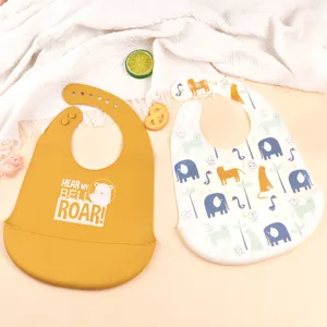 Food grade silicone baby bib waterproof toddler feeding bib with crumb catcher cute animal print